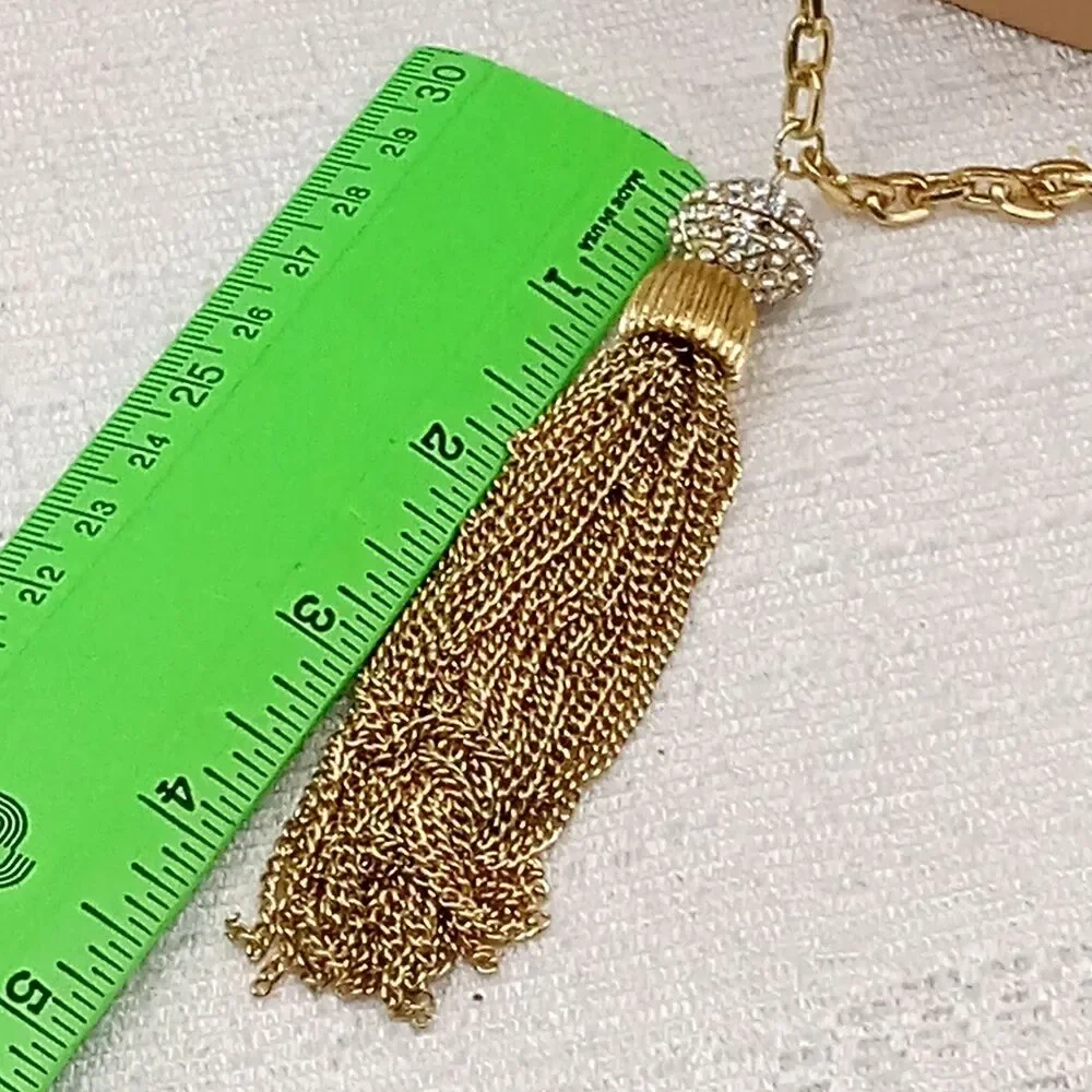 Gold Tone Chain Tassel Necklace Crystal Ball Cap